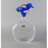 Daum, a glass decanter with a stopper of gilt ring form moulded with a blue pate-de verre horse,