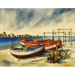 Lello M Barresi, Italian 1932-2001- Coastal scene with boats ashore; oil on canvas, signed,