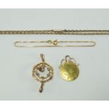 An Edwardian 9ct gold, amethyst and seed pearl pendant, of circular openwork form, 22mm diameter,