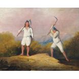 European Colonial School, early 19th century- Two miners in a forested mountain landscape,