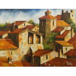 Lello M Barresi, Italian 1932-2001- Village rooftop scenes; oils on canvas, two, both signed, 81x99.
