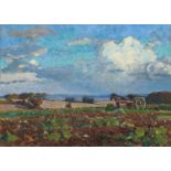 Modern British School, early-mid 20th century- Horse and cart in rural landscape; oil on panel,