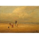 Follower of David Cox Snr OWS, British 1783-1859- Figures on a windswept beach; oil on board,