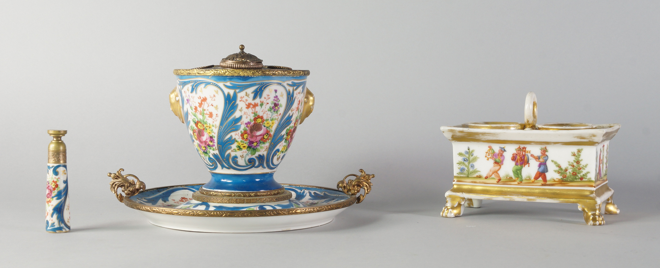 A French Sevres style porcelain inl stand, 19th century, with gilt metal mounts, with matching tray,