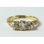 Three stone diamond ring, approx 0.