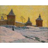 A Lazarev, Russian 20th century- Snowy landscape; oil on canvas, signed, also signed,