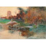 Thomas Mackay, British 1851-1920- Horse and cart crossing river at dusk; watercolour, signed,