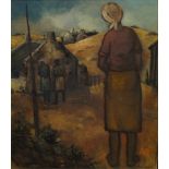 Jan Buys, South African 1909-1985- "Figure by a village"; oil on board, signed, 56x47.