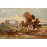 British School, late 19th century- Boating by the riverbank; oil on card,