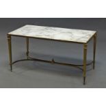 A French brass and marble topped rectangular coffee table on square tapering supports,