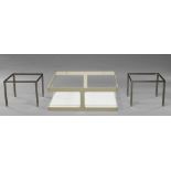 A pair of chromed metal square table frames, together with a white enamel square coffee table,