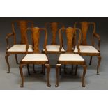 A set of five Queen Anne style walnut dining room chairs, early 20th century, with two armchairs,