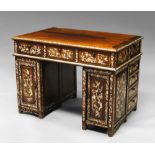 A Chinese hardwood and mother of pearl inlaid pedestal desk, 20th century,