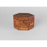 A George III curled paperwork hexagonal tea caddy, with box and ebony rope twist edging,