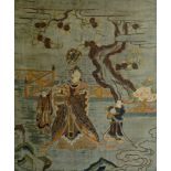 A Chinese silk picture of a lady holding a fan with her servants, 18th century,
