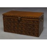 A South East Asian hardwood rectangular trunk, brass inlay with leaf motifs,