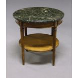 A continental circular walnut occasional table, early 20th century, with green marble top,