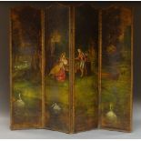 A Victorian painted four fold screen, decoarted with courting couple within river landscape,