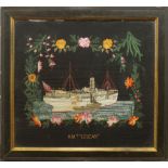 A needlework picture of the HMT Soudan, within a floral border, coloured silks on black ground,