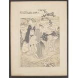 Two Japanese prints, 20th century, depicting a temple in the snow, 36.