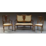 An Edwardian mahogany and line inlaid sofa suite, in the Adam taste,