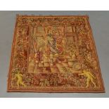 A wool work tapestry panel with figures in a classical interior, within floral border with putti,