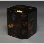 A black lacquered chest, late 20th century, with lifting lift and two handles, decorated lotus,