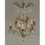 A French glass and wrought iron six light chandelier, latte 19th century,