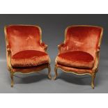 A pair of French Louis XV giltwood fauteuils, one bearing stamp for Jean-Jacques Pothier,