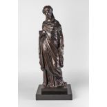 Eugene Antoine Aizelin, French, 1821-1902, a bronze model of Pandora, on a stepped marble plinth,