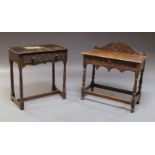 An oak table, late 19th/20th century, with shaped back above rectangular top, with frieze drawer,