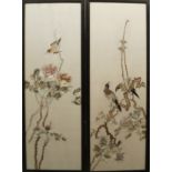 A pair of Chinese embroidered pictures of birds within branches, early 20th century,