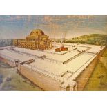 A large educational painting of a temple complex, possibly Babylonian, early/mid 20th century,