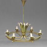 A French gilt painted metal circular six light chandelier, c.