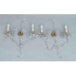 A pair of glass two branch wall lights, 20th century,