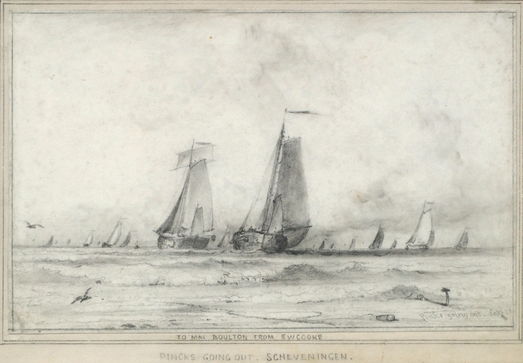 Edward William Cooke, RA FRS 1811-1880- ''Pinks Going out. Scheveningen''; graphite, signed, titled,