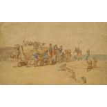 Circle of Thomas Rowlandson, British 1756-1827- Loading boats on the shoreline; pen, ink and wash,