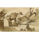 Jean Hippolyte Marchand, French 1883-1940- Landscape with cottages; pen, black ink and wash,