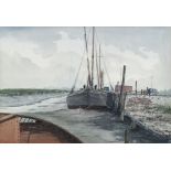 Alan Whithead, British b.1952- Barge in an estuary; watercolour, signed, 33x48cm, (ARR)