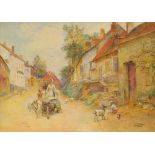 John Parker RWS, British 1839-1915- Lady pushing a cart through village; watercolour, signed with