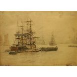 William Thomas Martin Hawksworth, British 1853-1935- Boats moored in the river; watercolour,