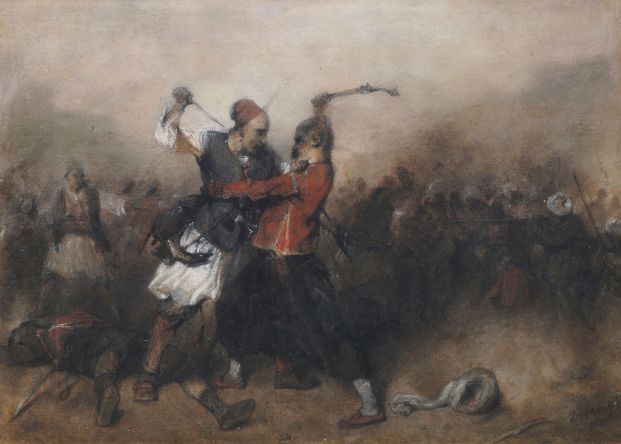 Alexandre Gabriel Decamps, French 1803-1860- Battle between a greek and a turk; pastel on paper,
