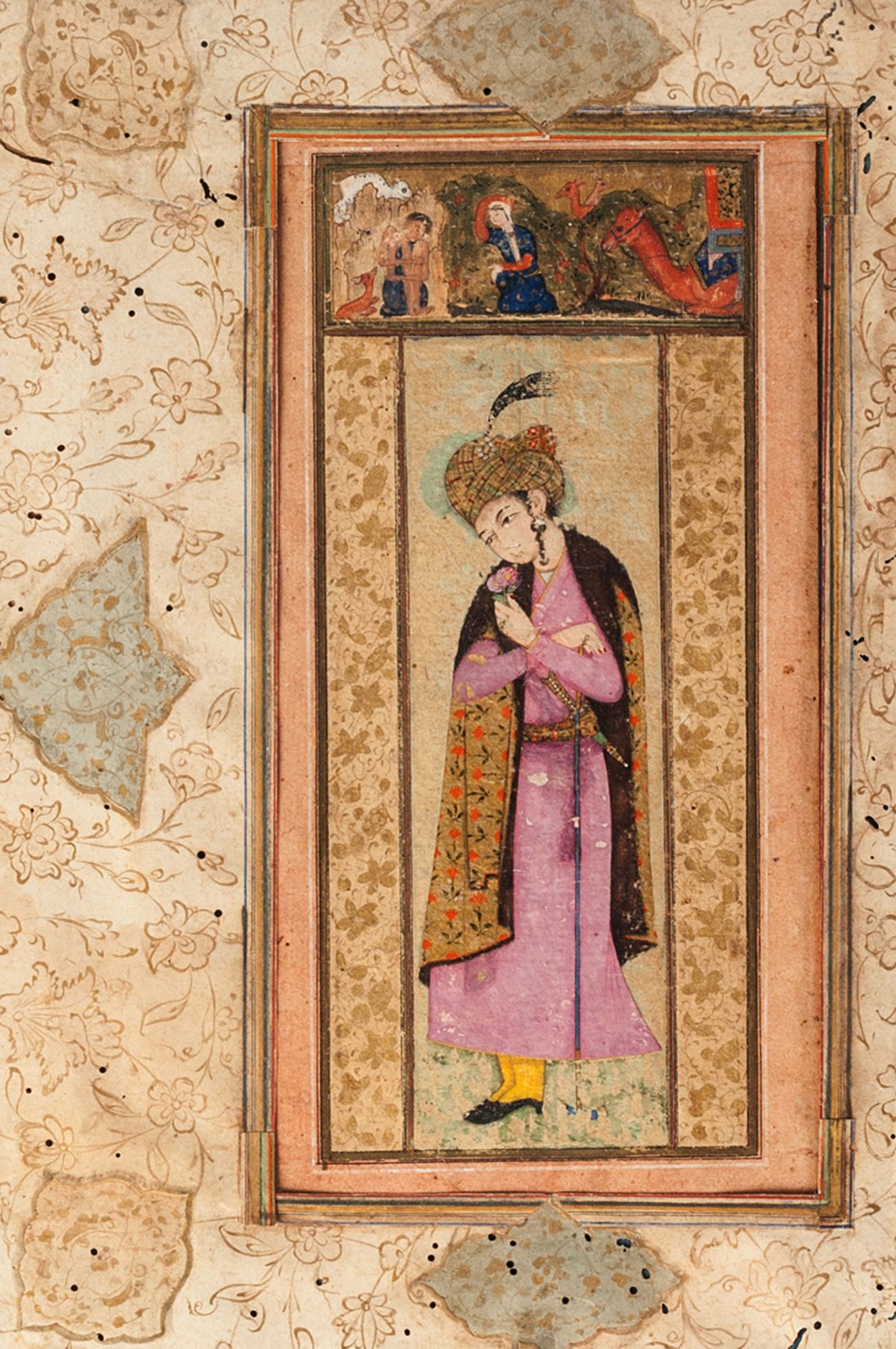 A Safavid portrait of Shah Abbas (1571-1629) as a young man, Iran, c. 1590, with a scene from