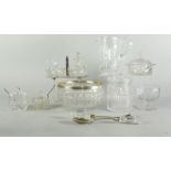 A silver plated mounted cut glass salad bowl, with matching salad servers,