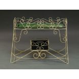 A French white painted wirework scroll decorated two tier plant stand,