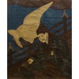 A Japanese embroidered and applique picture of a man on a boat, late 19th/early 20th century,