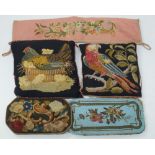An woolwork embroidered cushion, depicting a parrot, 39cm square, another with hen and chicks,