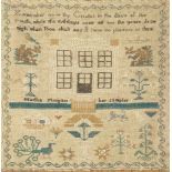 A small 19th century sampler, Martha Morgan, with verse, house, flora and fauna, 25.5cm x 21.