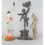 A Chinese porcelain model of a sage, 20th century, converted to a lamp, 56.5cm high, together with a