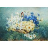 L Rogniat, French, late 19th century- Basket filled with Marguerites and Conrnflowers;